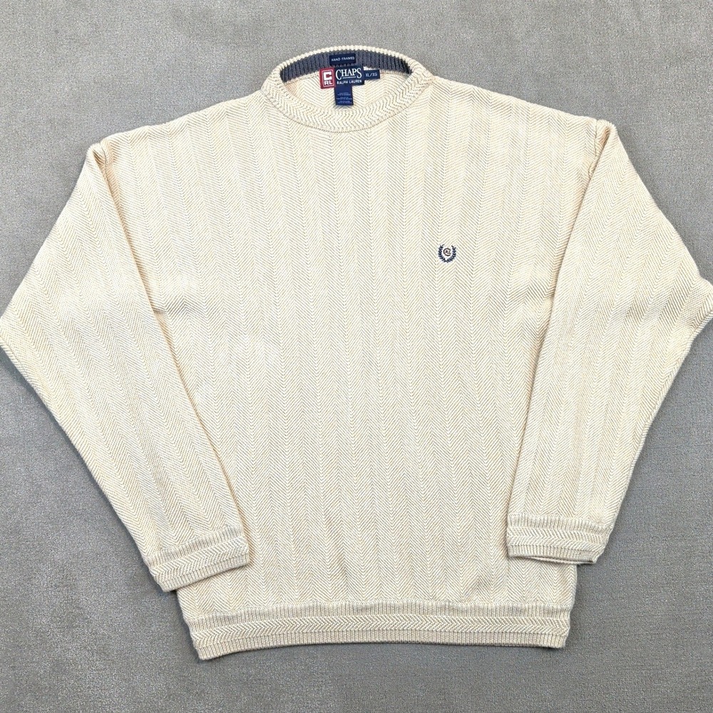 Chaps Ralph Lauren Sweater Mens XL Beige Herringbone Cotton Knit Crest Pullover
